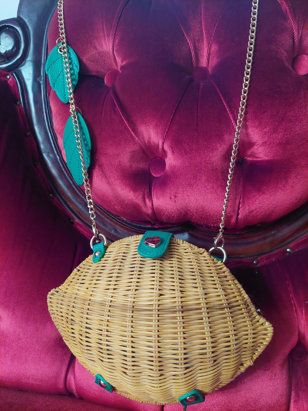 Betsey Johnson Woven Lemon Crossbody with Green Leaf Accents and Gold Chain